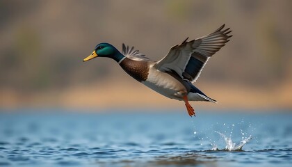 Fototapeta premium Mallard duck soars above the water surface with wings spread in a moment of natural beauty