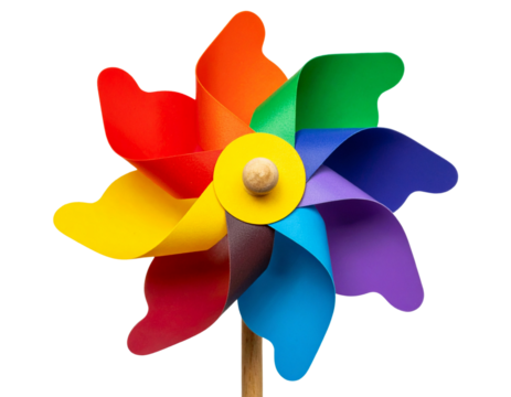 Colorful Rainbow Pinwheel Spinning in Motion, Front View, Isolated on Transparent Background
