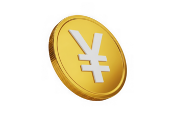 Golden coin with japanese yen symbol isolated on transparent background