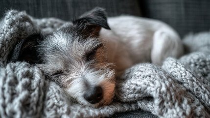 毛布にくるまっている犬