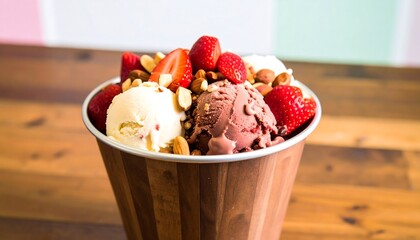 Delicious summer ice cream dessert served in a paper cup with strawberries