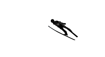 Silhouette of soaring ski jumper exhibiting athleticism against white backdrop creating visual power © Roni