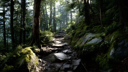 Obraz premium A stone pathway winds through a lush forest, dappled with sunlight.