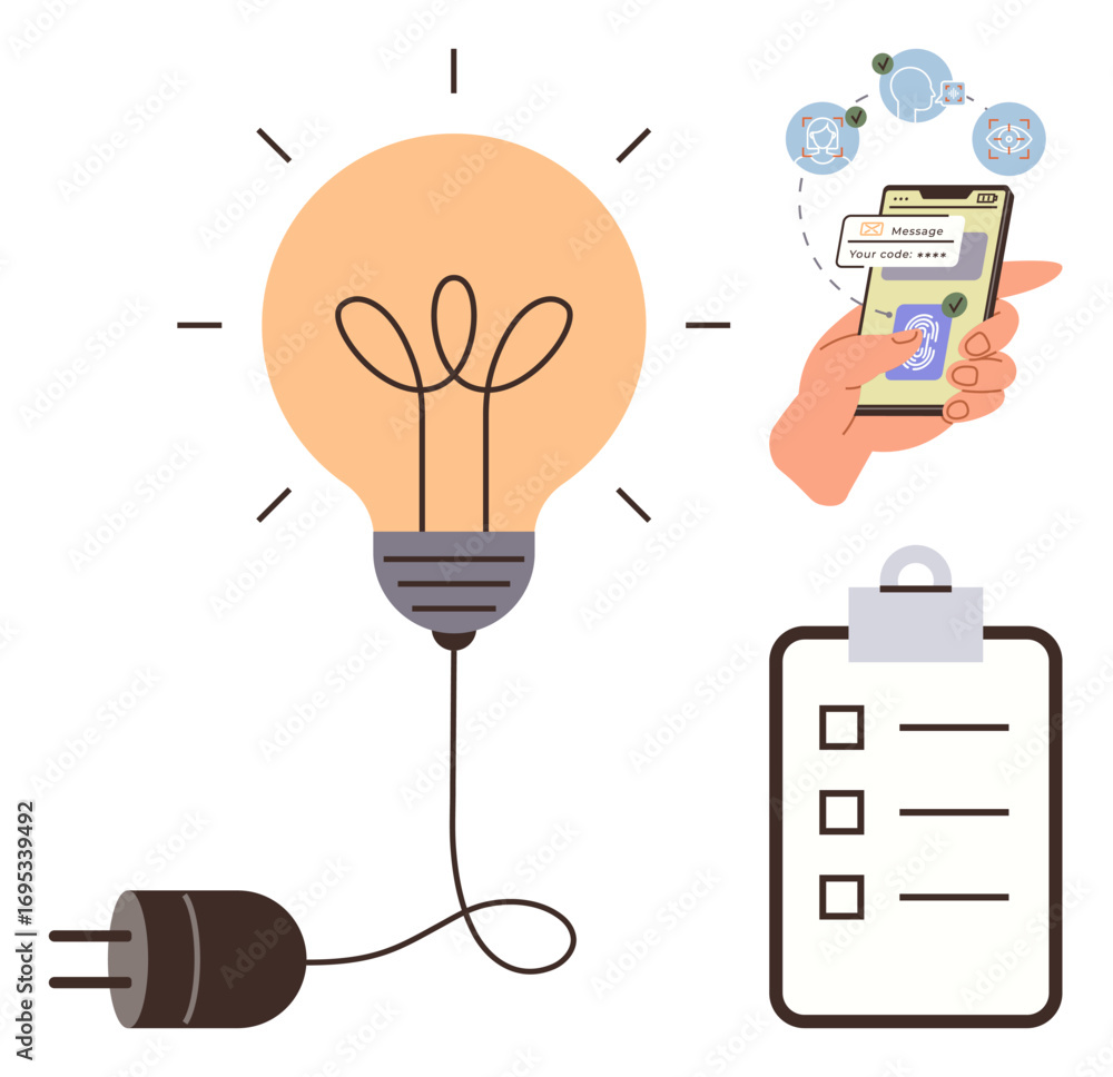 Poster bright lightbulb with plug symbolizing an idea, a hand holding a smartphone reflecting security code