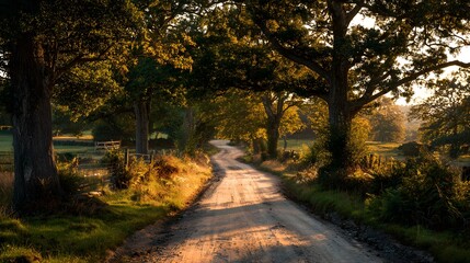 Obraz premium A sun-drenched dirt road winds through a verdant landscape, bathed in golden light.