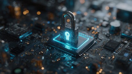 Secure digital data protection concept a glowing padlock symbol over a futuristic circuit board with intricate connections and vibrant lights