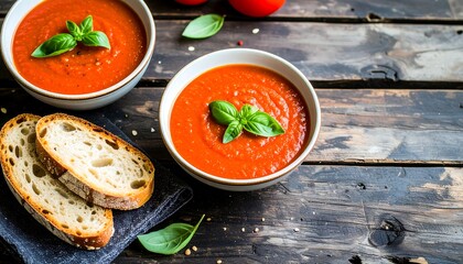 Delicious tomato soup served with rustic bread on a wooden table setting