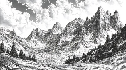 Obraz premium Majestic Monochrome Mountains: A Dramatic Pen-and-Ink Landscape