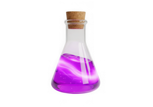 A laboratory flask with purple liquid and swirling white patterns, isolated on transparent background