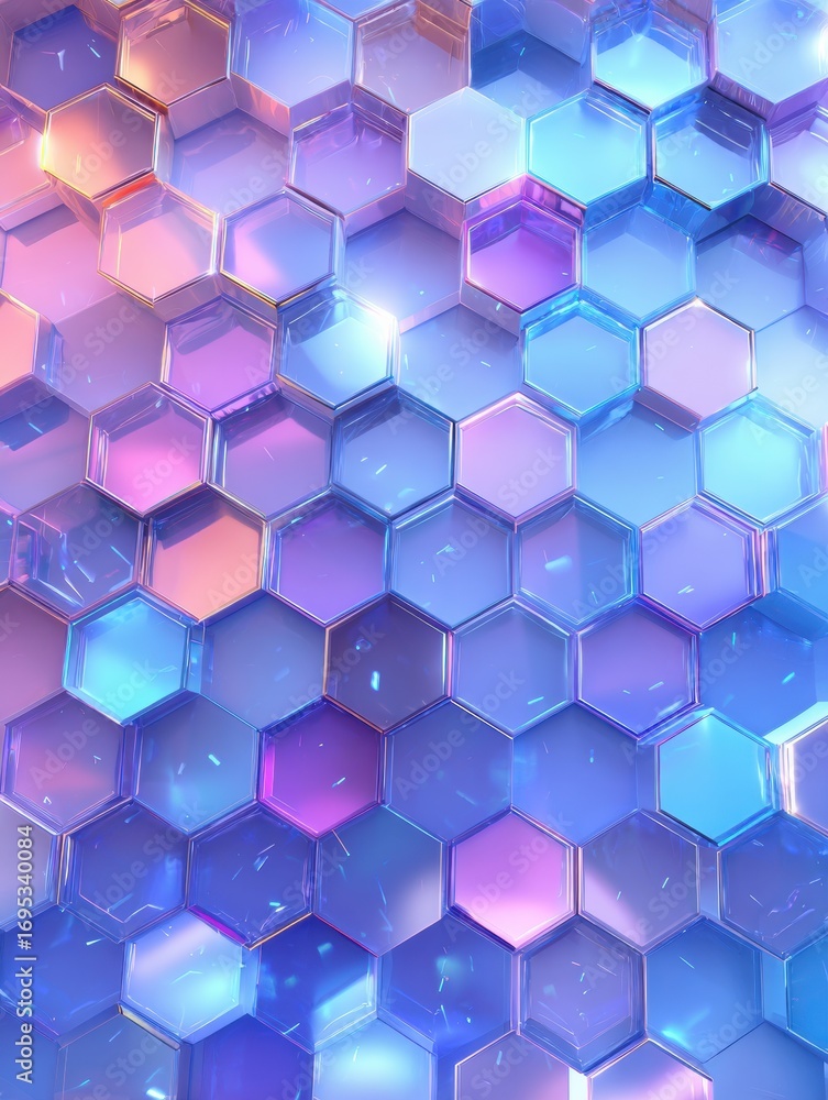 Poster colorful hexagonal pattern with shiny surfaces and reflective light effects
