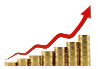 Red upward trend arrow graph overlaying stacked gold coins isolated on transparent background