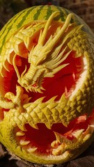 Large watermelon carved into a 3D coiled dragon