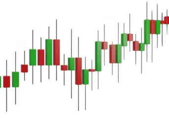 Detailed financial candlestick chart showing upward market trend with green and red bars isolated on transparent background