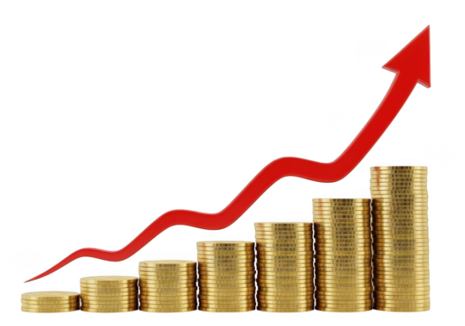 Red upward trend arrow graph overlaying stacked gold coins isolated on transparent background - Powered by Adobe