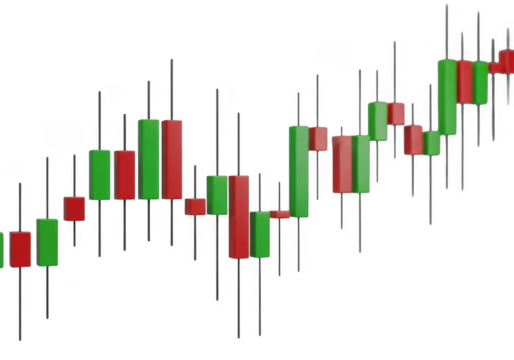 Detailed financial candlestick chart showing upward market trend with green and red bars isolated on transparent background