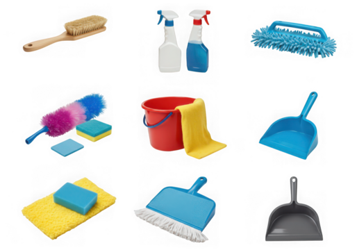 Collection of cleaning supplies and tools isolated on transparent background, including brushes, sprays, bucket, dustpan, mop, and cloths