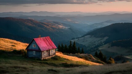 Obraz premium A rustic wooden chalet nestled on a hillside overlooking a vast mountain range bathed in the warm light of a serene sunset.