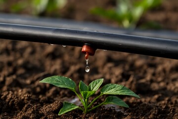 Drip Irrigation System Hydrating Young Seedling in Fertile Soil Outdoors