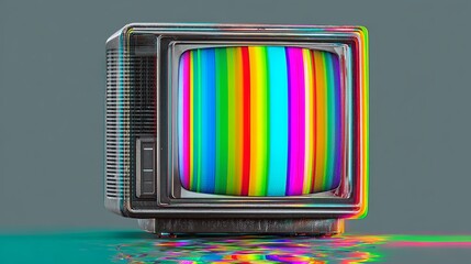 Retro television displaying vibrant test pattern colors with distorted glitch effect on reflective surface