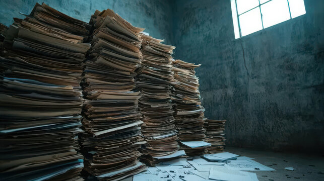 Piles of Old Paperwork in a Dimly Lit Room with Cracked Walls and a Small Window Illuminating the Messy Stacks of Documents