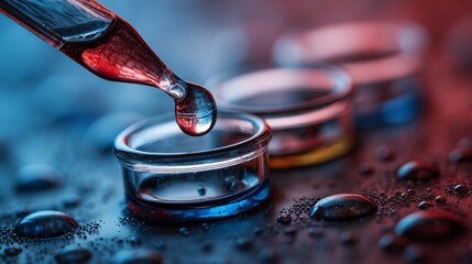 Precision liquid drop from pipette into scientific vial creating vibrant blue and red molecular research atmosphere