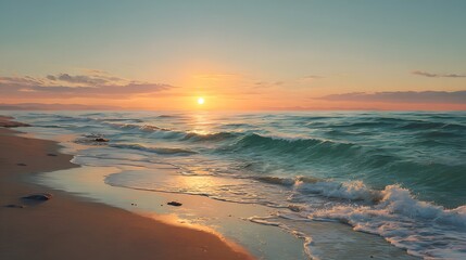 Golden hour hues paint a serene seascape, where gentle waves kiss a sun-drenched beach.
