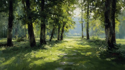 Obraz premium A sunlit path through a verdant woodland, dappled with sunlight and shadow, showcasing a tranquil and peaceful summer scene.