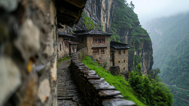 Scenic stone houses nestled against a cliffside surrounded by lush greenery and misty mountains providing an enchanting rural landscape - Powered by Adobe