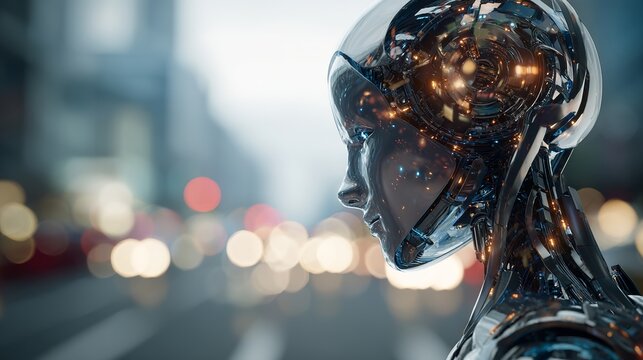 Stunning futuristic android face with intricate circuitry, contemplating urban future, symbolizing AI advancement and technological innovation