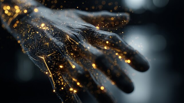 Abstract connection of glowing golden particles across a dark, textured hand, symbolizing innovation and data flow