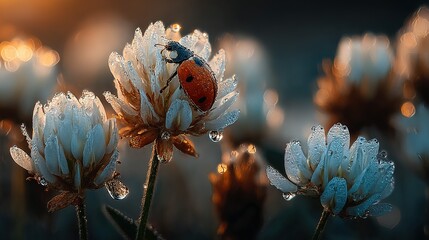 Ladybug on white flower with water droplets in blurred outdoor setting.