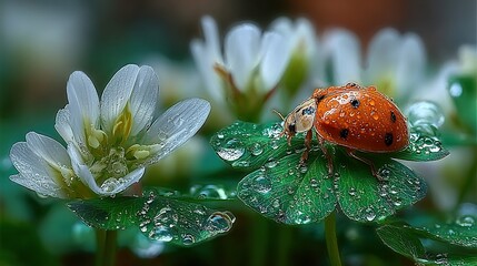 Ladybug on green leaf with water droplets near white flowers outdoors.