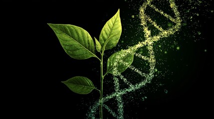 Vibrant green plant sprouts alongside glowing abstract DNA helix, symbolizing growth, science, and life's evolution