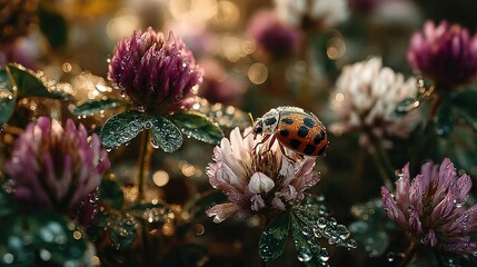 Close-up of pink and white clover flowers with water droplets in a field.