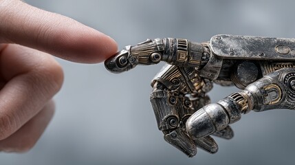 Human finger touches intricate robotic hand symbolizing future technology, innovation, and human-machine connection in a modern world.