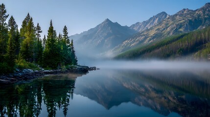 Tranquil mountain lake reflecting a serene sunrise, with mist hanging over the water and mirroring the surrounding trees and peaks.