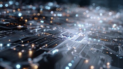 Dynamic digital circuit board glowing with vibrant blue and gold data streams, representing advanced technology and innovation.