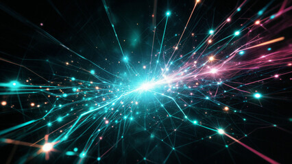 Fototapeta premium 화려한 빛과 에너지가 폭발하는 듯한 디지털 네트워크 추상 아트