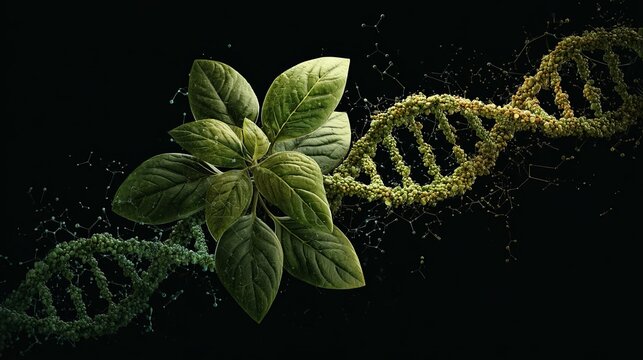 Stunning fusion of vibrant green leaves and intricate DNA helix symbolizing biotechnology, genetics, and life science innovation.