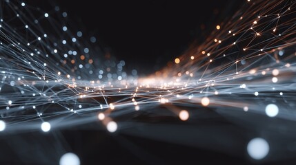 Dynamic network of glowing digital connections and data streams creating a futuristic abstract background for technology and innovation concepts