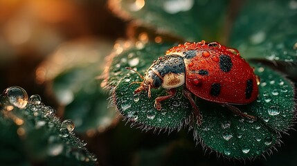 Ladybug with water droplets on green leaves in nature close-up view.