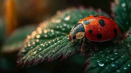 Ladybug sits on a green leaf covered in water droplets close up.
