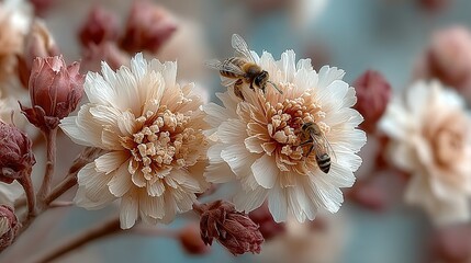 Two flowers with bees on them surrounded by buds against a blurred background.