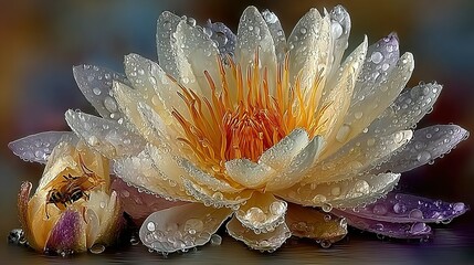 Water lily flower with water droplets close up against a blurred background.