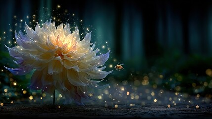 Large flower with glowing particles in a dark forest whimsical fantasy setting.