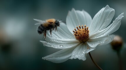 Bee approaching a white flower with water droplets in a blurred background.