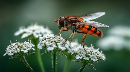 Hoverfly on white flowers in a field with blurred green background.