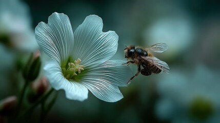 Fly near a white flower with a blurred background nature scene.