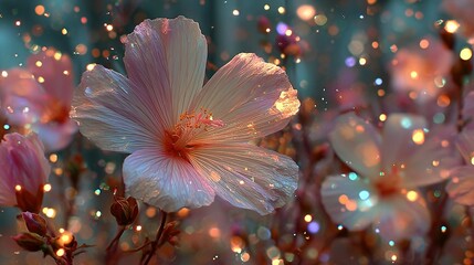 Flowers with bokeh lights create a dreamy and magical atmosphere in nature.