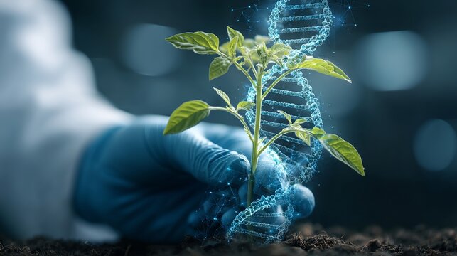 Scientist's gloved hand nurtures vibrant green seedling intertwined with glowing DNA helix, symbolizing biotech innovation and future growth